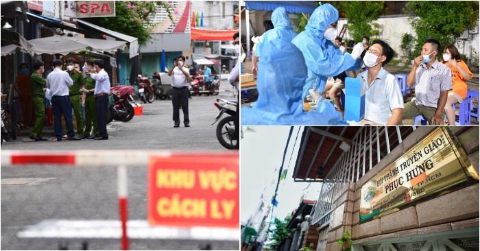 Từ trái qua: Khoanh vùng hẻm 284 Lê Văn Sỹ, quận 3, TP.HCM; ấy mẫu xét nghiệm người dân gần khu vực nhà thờ ở phường 15, quận Gò Vấp khuya 29/5; Trụ sở Hội thánh Truyền giáo Phục hưng ở đường Nguyễn Văn Công, phường 3, quận Gò Vấp (ảnh chụp màn hình báo Tuổi Trẻ/Ngôi Sao).