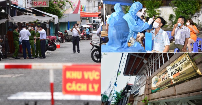 Từ trái qua: Khoanh vùng hẻm 284 Lê Văn Sỹ, quận 3, TP.HCM; ấy mẫu xét nghiệm người dân gần khu vực nhà thờ ở phường 15, quận Gò Vấp khuya 29/5; Trụ sở Hội thánh Truyền giáo Phục hưng ở đường Nguyễn Văn Công, phường 3, quận Gò Vấp (ảnh chụp màn hình báo Tuổi Trẻ/Ngôi Sao).