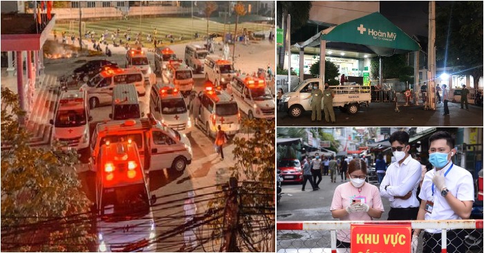 Từ trái qua: Xe cứu thương chuyển hàng nghìn công nhân ở Bắc Giang đi cách ly; Phong tỏa tại BV Hoàn Mỹ Sài Gòn; khoanh vùng hẻm 284/34 Lê Văn Sỹ, quận 3, TP. HCM trưa 28/5