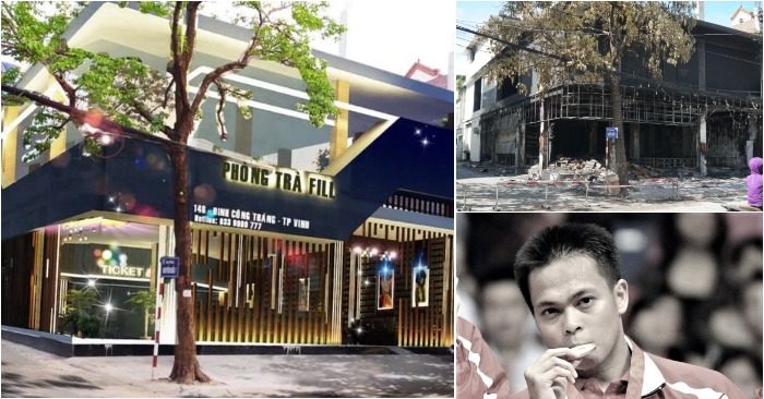 Phòng trà số 146 (đường Đinh Công Tráng, TP. Vinh, Nghệ An) trước và sau khi bị cháy; huyền thoại cầu lông đột tử (ảnh: Facebook/chụp màn hình báo Giáo dục Thời đại/PLO).