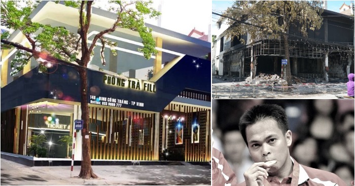 Phòng trà số 146 (đường Đinh Công Tráng, TP. Vinh, Nghệ An) trước và sau khi bị cháy; huyền thoại cầu lông đột tử (ảnh: Facebook/chụp màn hình báo Giáo dục Thời đại/PLO).