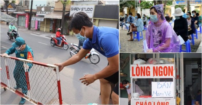 Từ trái sang: TP. HCM gỡ chốt kiểm soát; lấy mẫu xét nghiệm ở Hà Nội; hàng quán thủ đô bật chế độ "chỉ bán mang về" (ảnh chụp màn hình báo VnExpress/BBC/Người Lao Động).