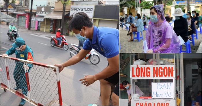 Từ trái sang: TP. HCM gỡ chốt kiểm soát; lấy mẫu xét nghiệm ở Hà Nội; hàng quán thủ đô bật chế độ "chỉ bán mang về" (ảnh chụp màn hình báo VnExpress/BBC/Người Lao Động).